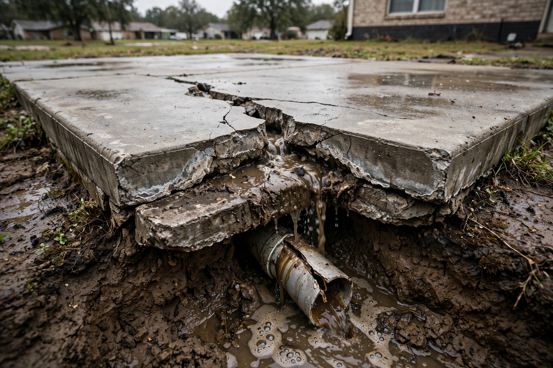 Signs of a Broken Sewer Line Beneath a Concrete Slab Foundation
